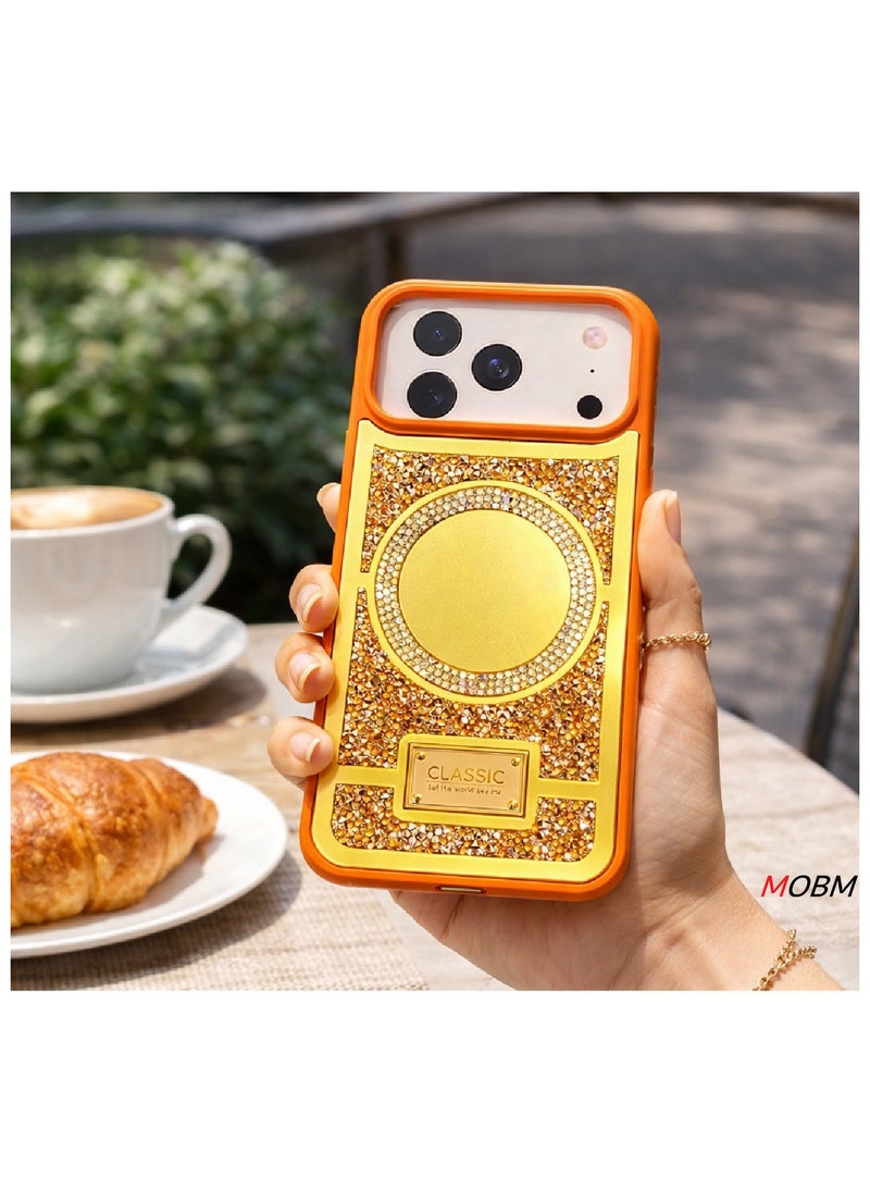 MOBM Case for iPhone 17 Pro Max Glitter Case with Mirror Design – Orange Luxury Rhinestone TPU Cover - Image 5